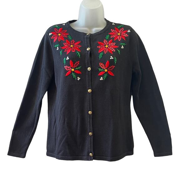 VINTAGE Y2K Classic Elements Poinsettias Ugly Christmas Cardigan Sweater Size PS - Picture 1 of 4